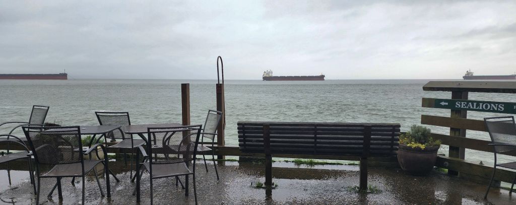 A photo of the Columbia river with three commercial vessels in a line on the horizon. In the foreground are cafe tables, a bench and on the railing, a sign that says Sealions with an arrow pointing to the left. The sky is cloudy and the ground is wet.