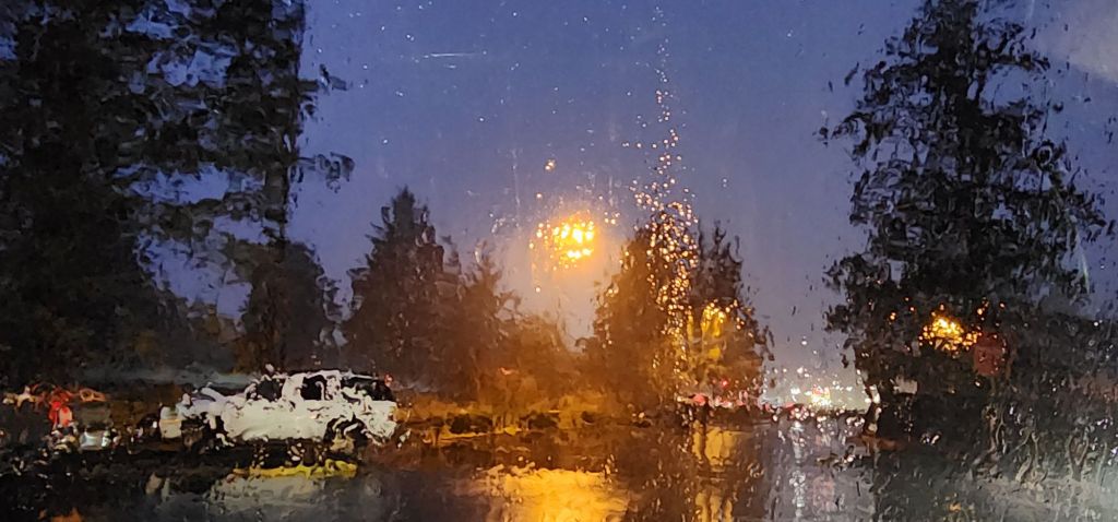 a blurry abstracted photo taken at night through a rainy car window of a parking lot and trees and lights