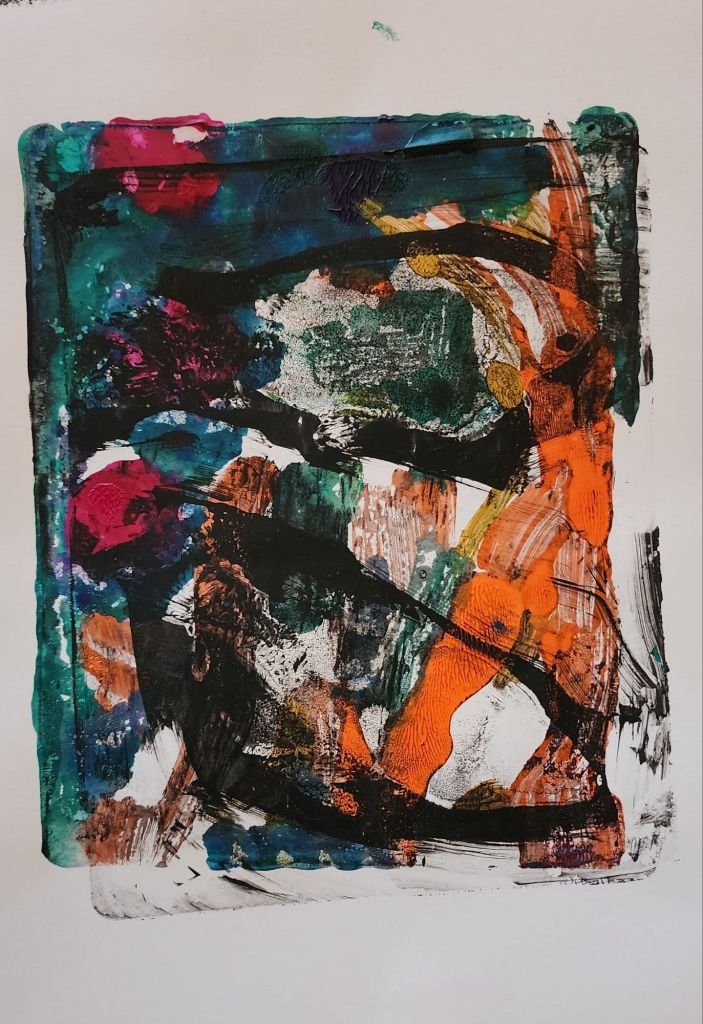 a colorful abstract monoprint with a lot of orange