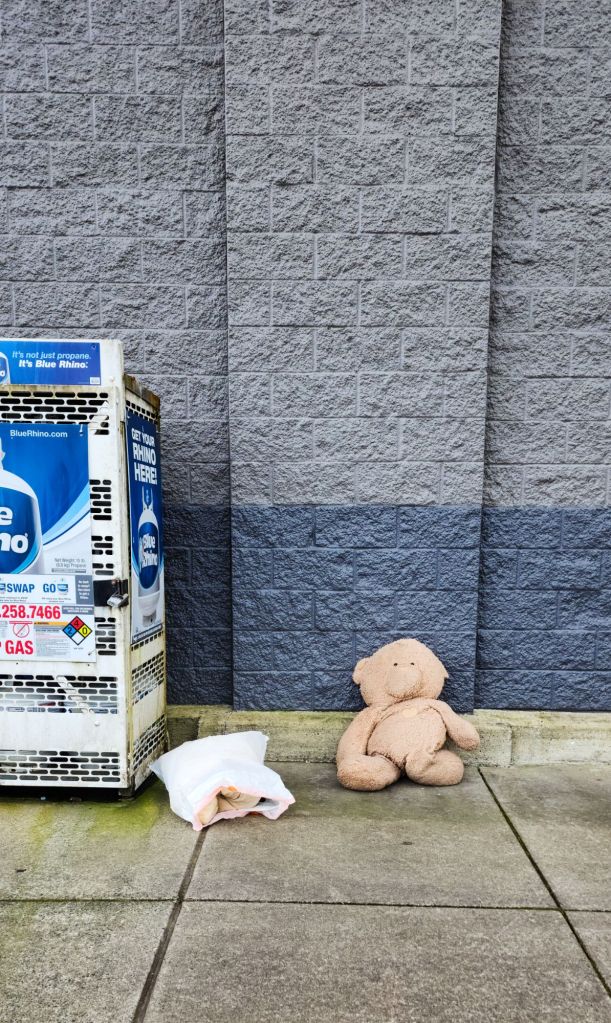 a depressing concrete wall with a giant rain soaked abandoned teddy bear next to a propane self serve machine