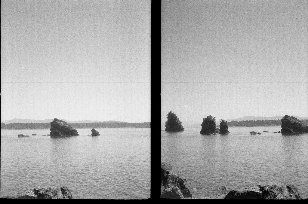 2 black and white photos of tiny islands in Tillamook bay near Garibaldi Oregon