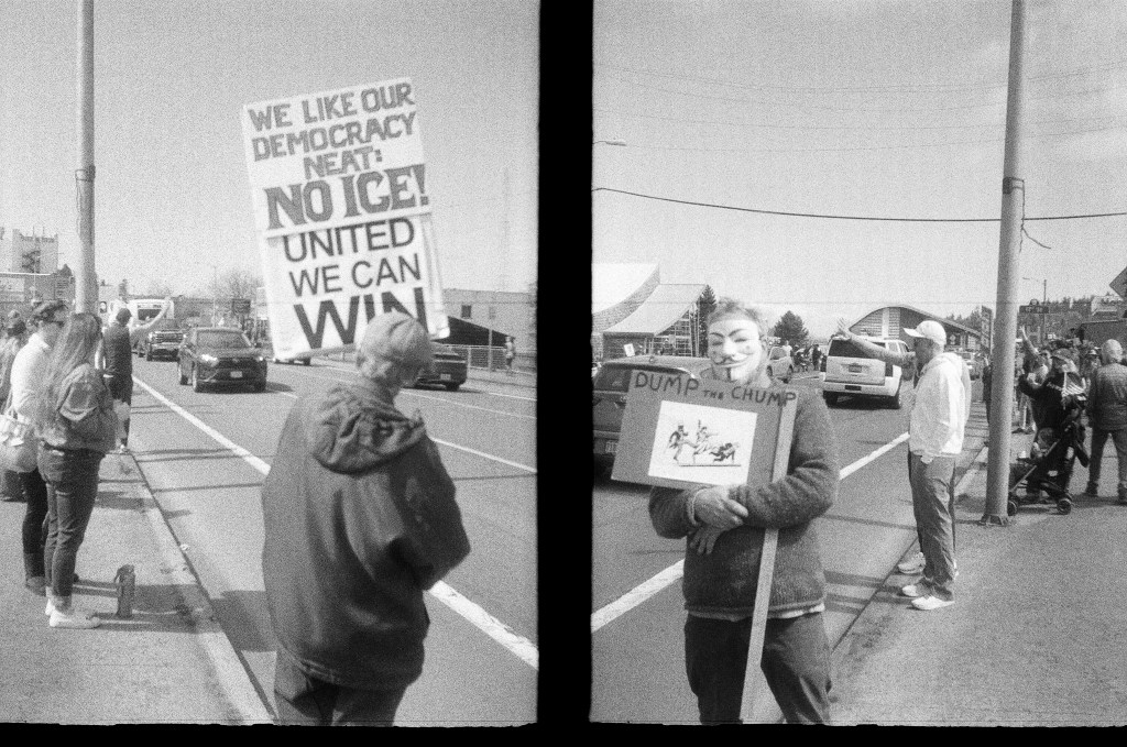 2 black and white photos of a No Kings protest