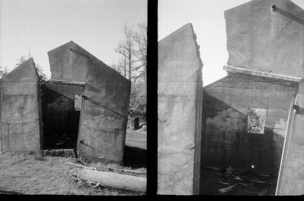 2 black and white photos of a concrete building that is literally coming apart at the seams
