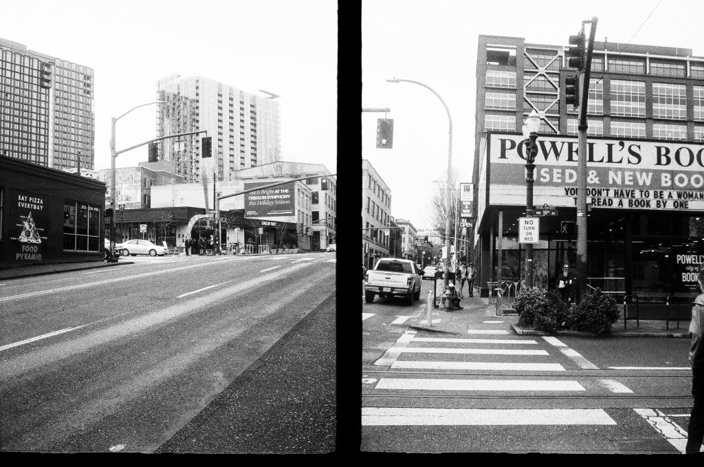 2 black and white photos of the corner in Portland OR where Powells Books is located